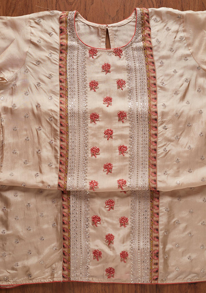 Beige Threadwork Semi Crepe Designer Semi-Stitched Salwar Suit - koskii