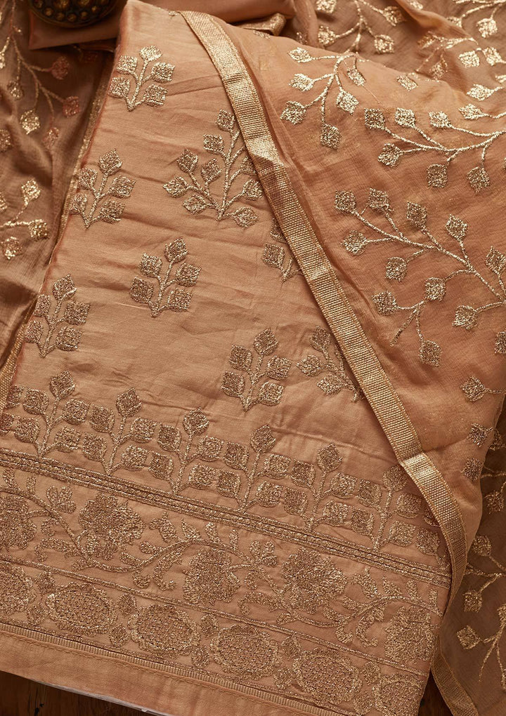 Beige Zariwork Chanderi Designer Unstitched Salwar Suit - koskii
