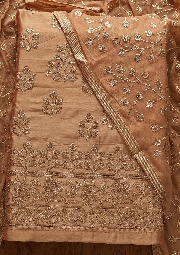 Beige Zariwork Chanderi Designer Unstitched Salwar Suit - koskii