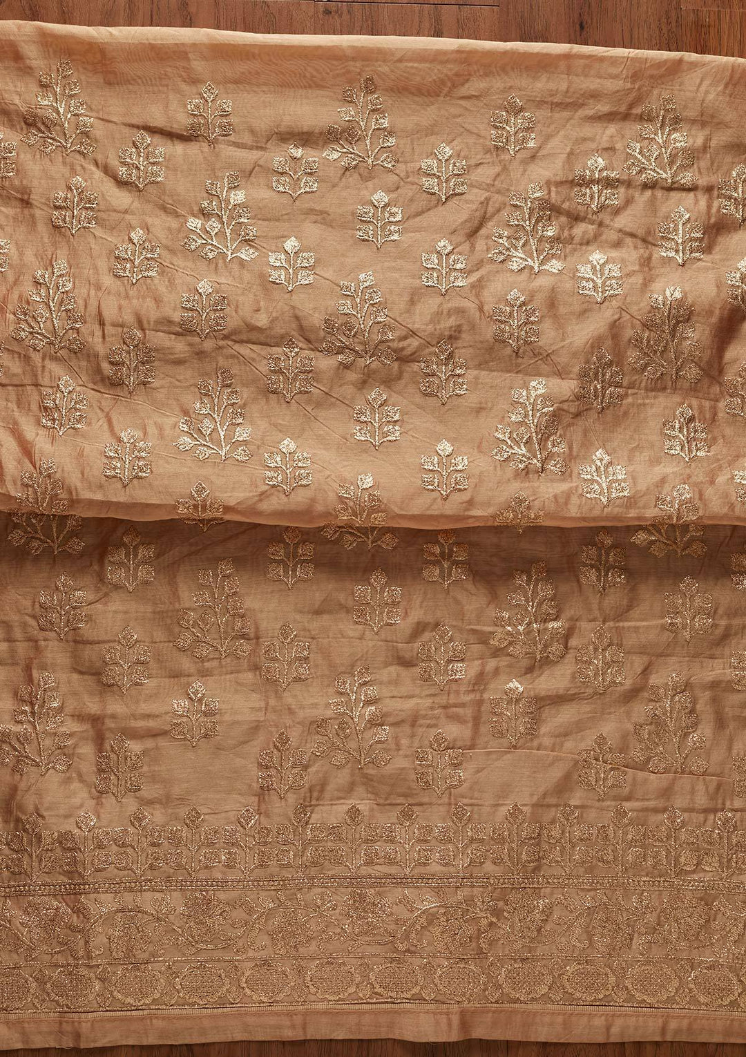 Beige Zariwork Chanderi Designer Unstitched Salwar Suit - koskii