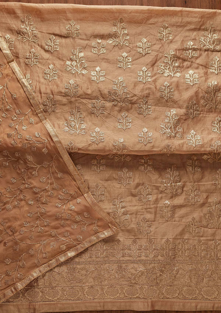 Beige Zariwork Chanderi Designer Unstitched Salwar Suit - koskii