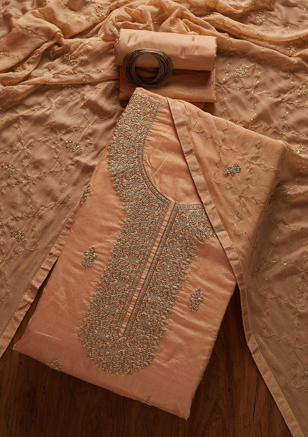 Beige Zariwork Chanderi Designer Unstitched Salwar Suit - koskii