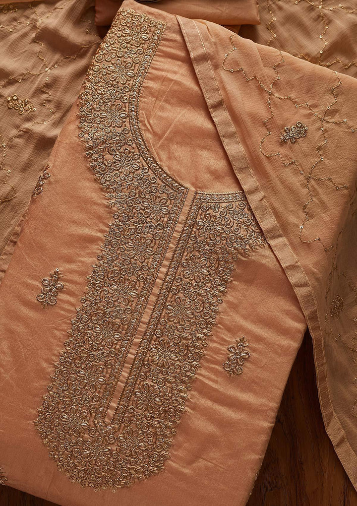 Beige Zariwork Chanderi Designer Unstitched Salwar Suit - koskii