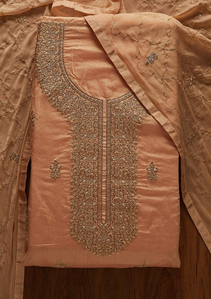 Beige Zariwork Chanderi Designer Unstitched Salwar Suit - koskii