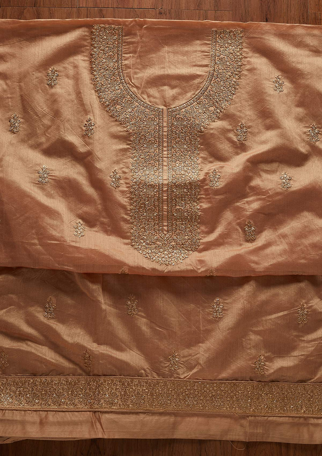Beige Zariwork Chanderi Designer Unstitched Salwar Suit - koskii