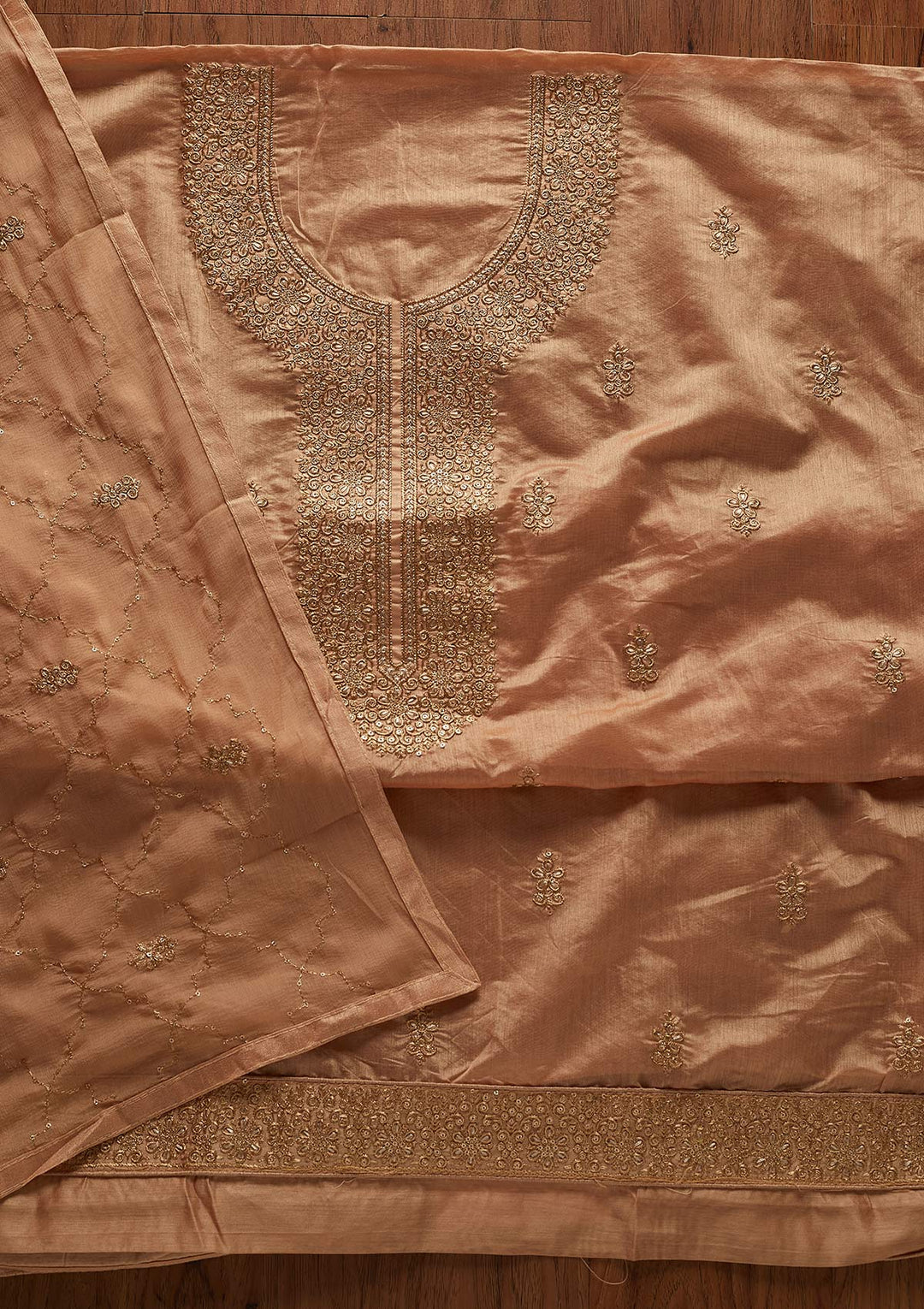 Beige Zariwork Chanderi Designer Unstitched Salwar Suit - koskii
