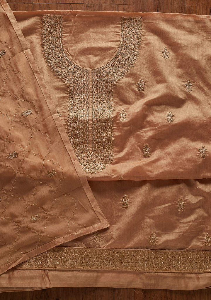 Beige Zariwork Chanderi Designer Unstitched Salwar Suit - koskii