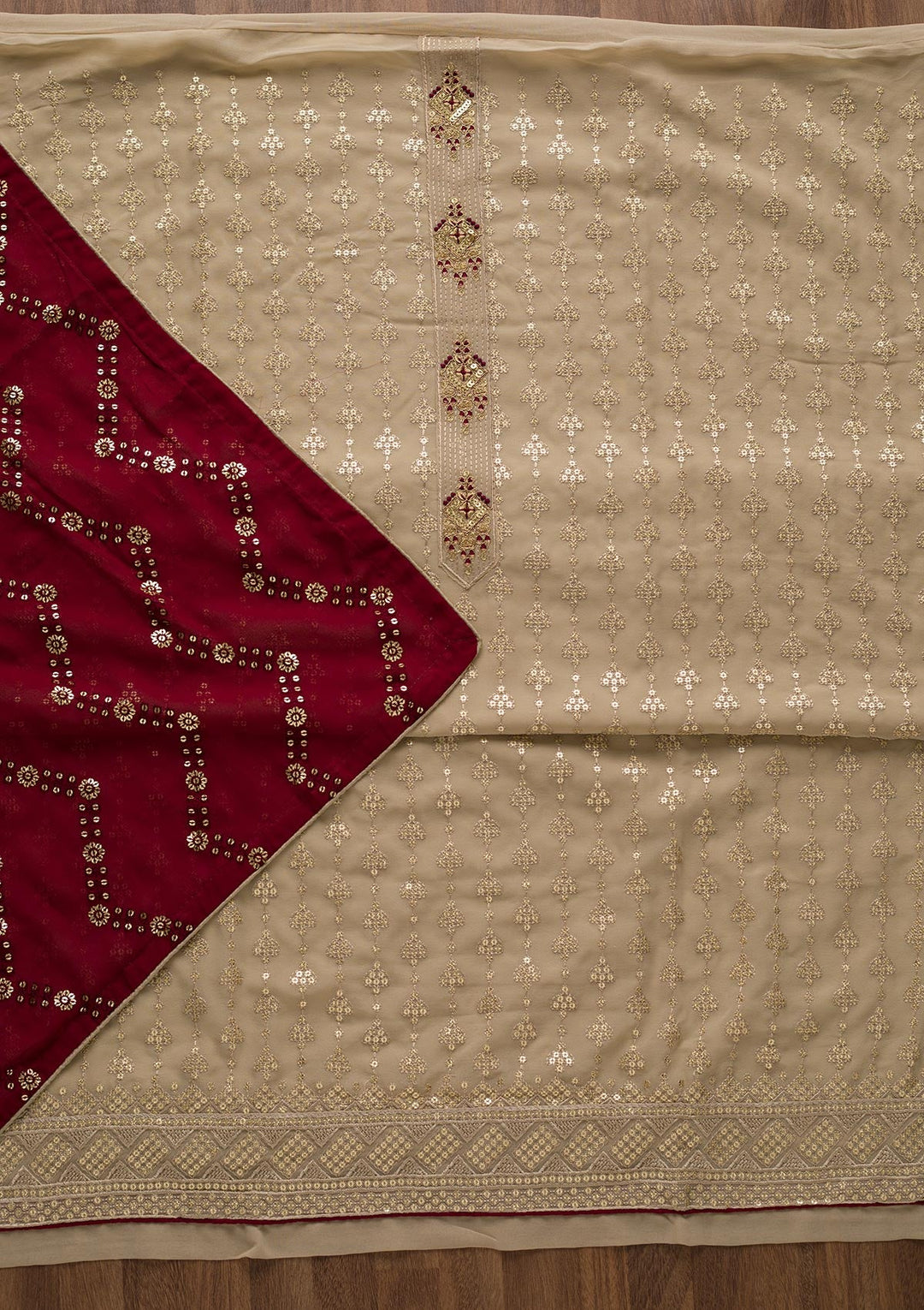 Beige Zariwork Georgette Unstitched Salwar Suit-Koskii