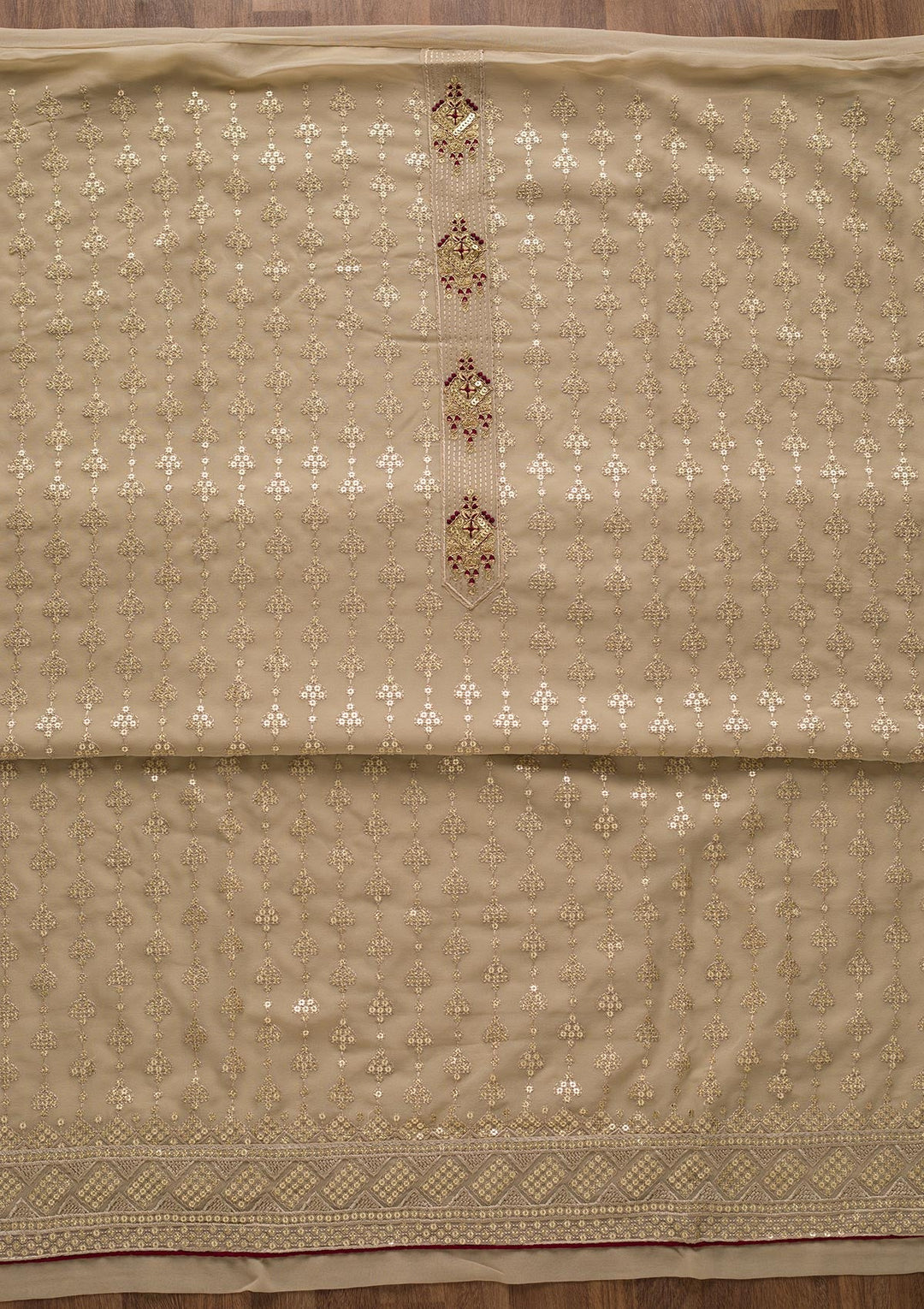 Beige Zariwork Georgette Unstitched Salwar Suit-Koskii