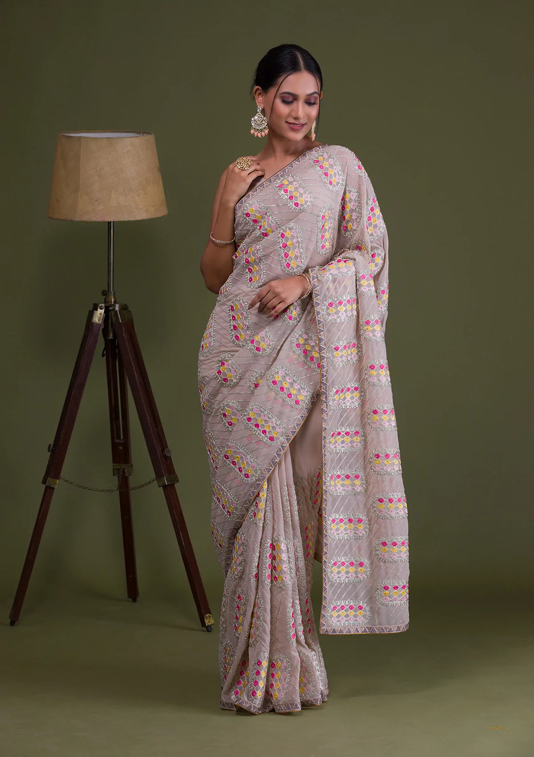 Beige Zariwork Georgette Saree-Koskii