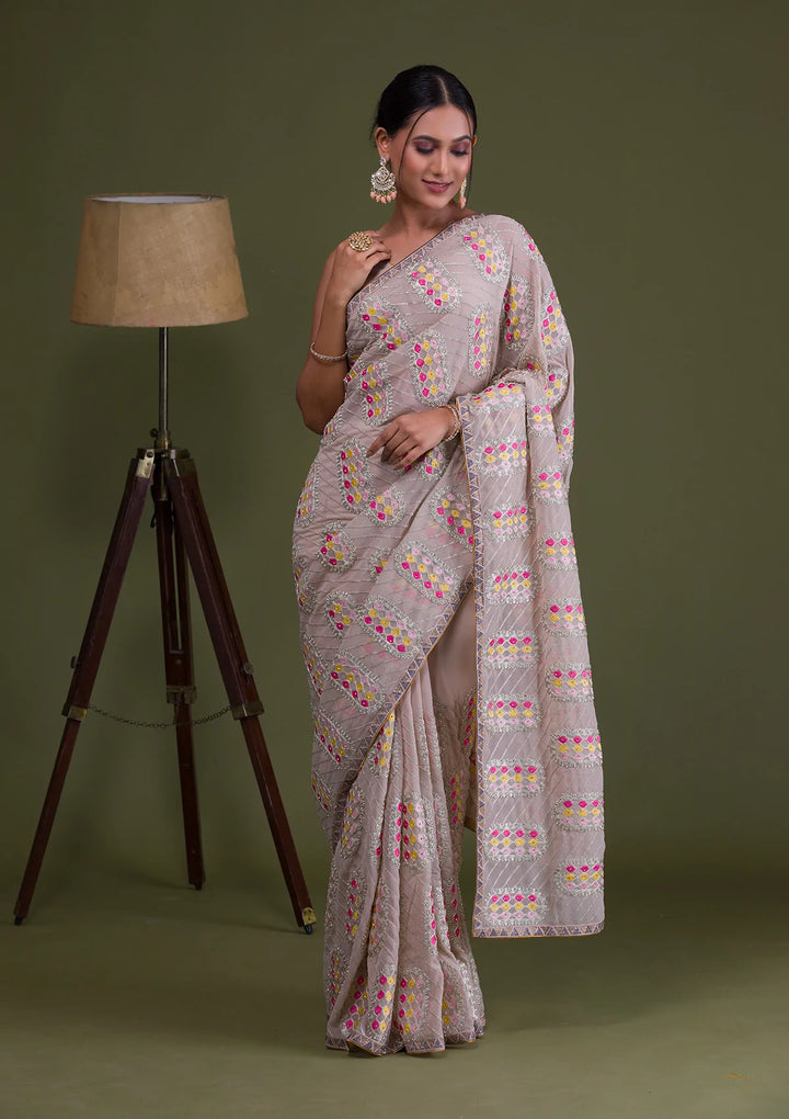 Beige Zariwork Georgette Saree-Koskii