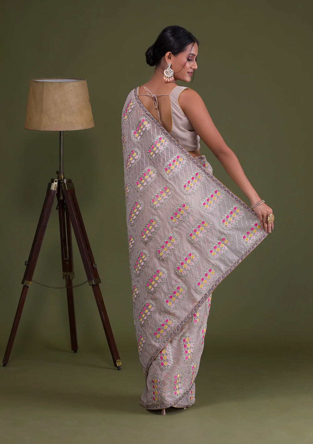 Beige Zariwork Georgette Saree-Koskii