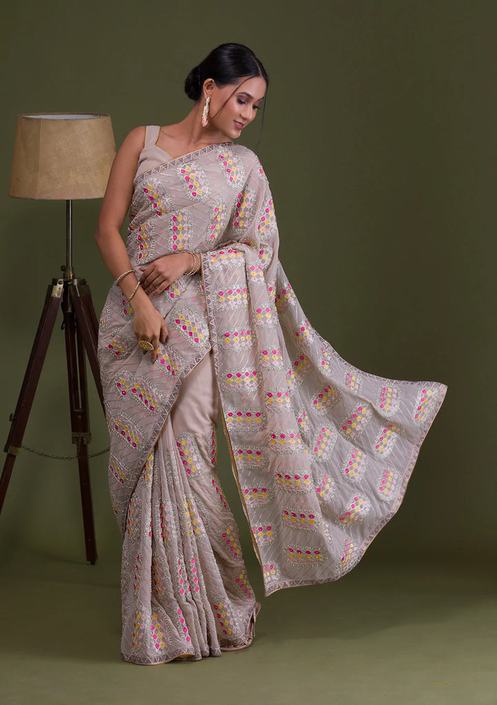 Beige Zariwork Georgette Saree-Koskii