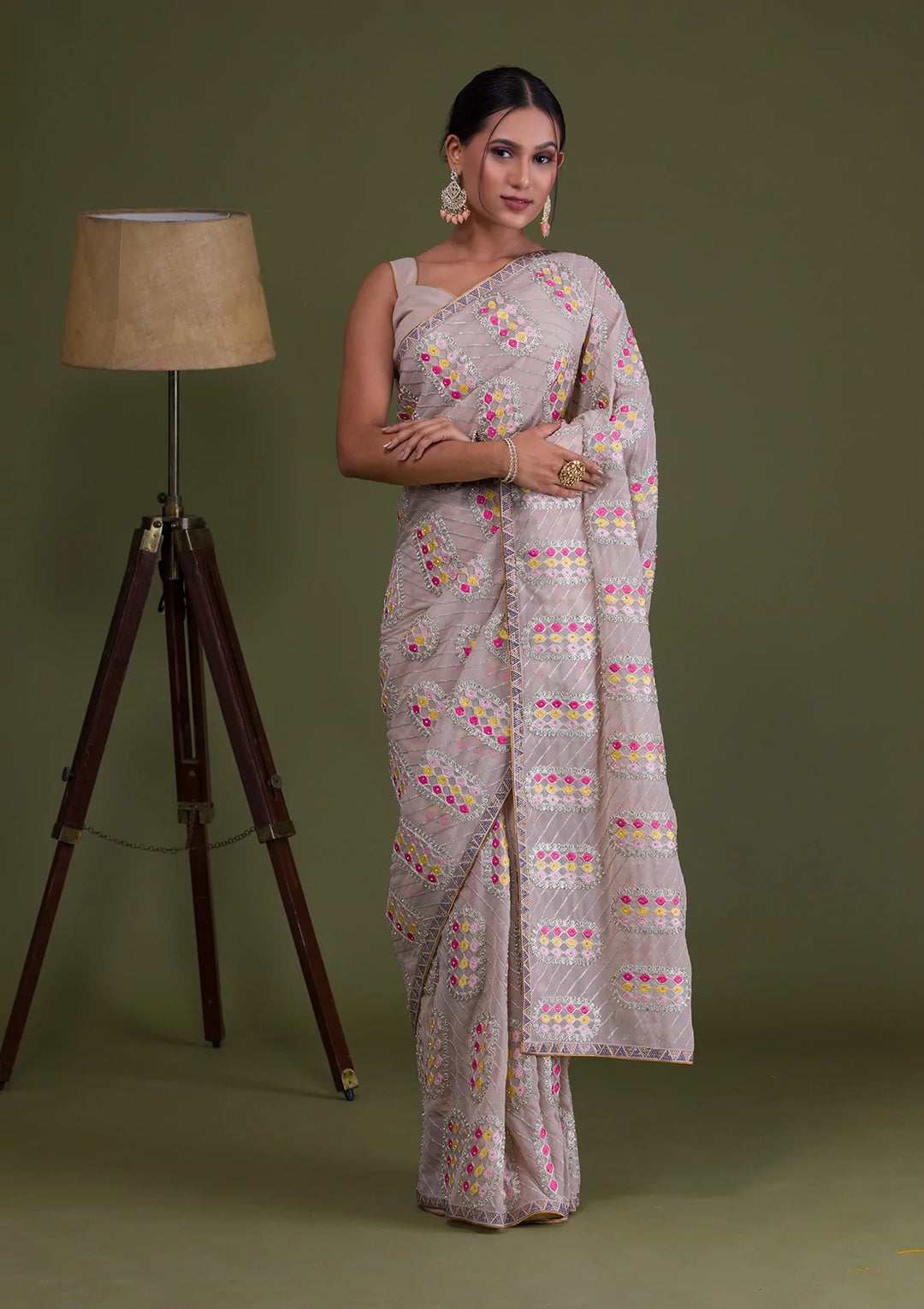 Beige Zariwork Georgette Saree-Koskii
