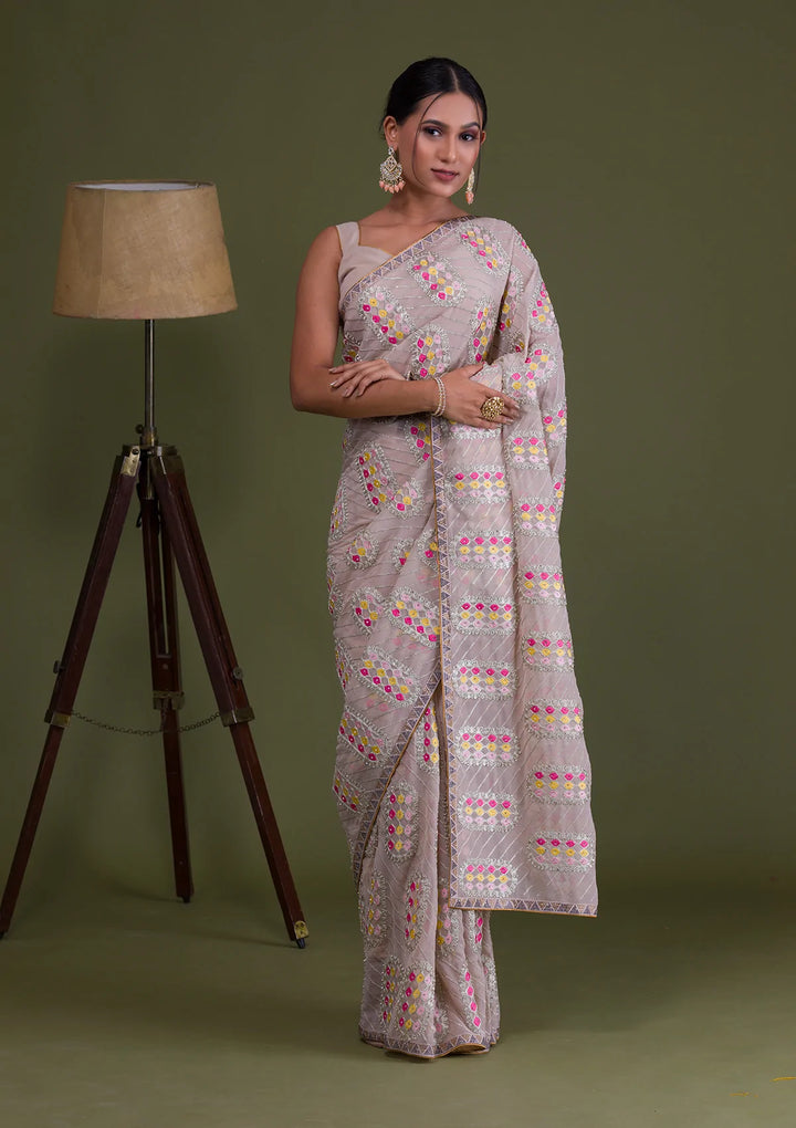 Beige Zariwork Georgette Saree-Koskii