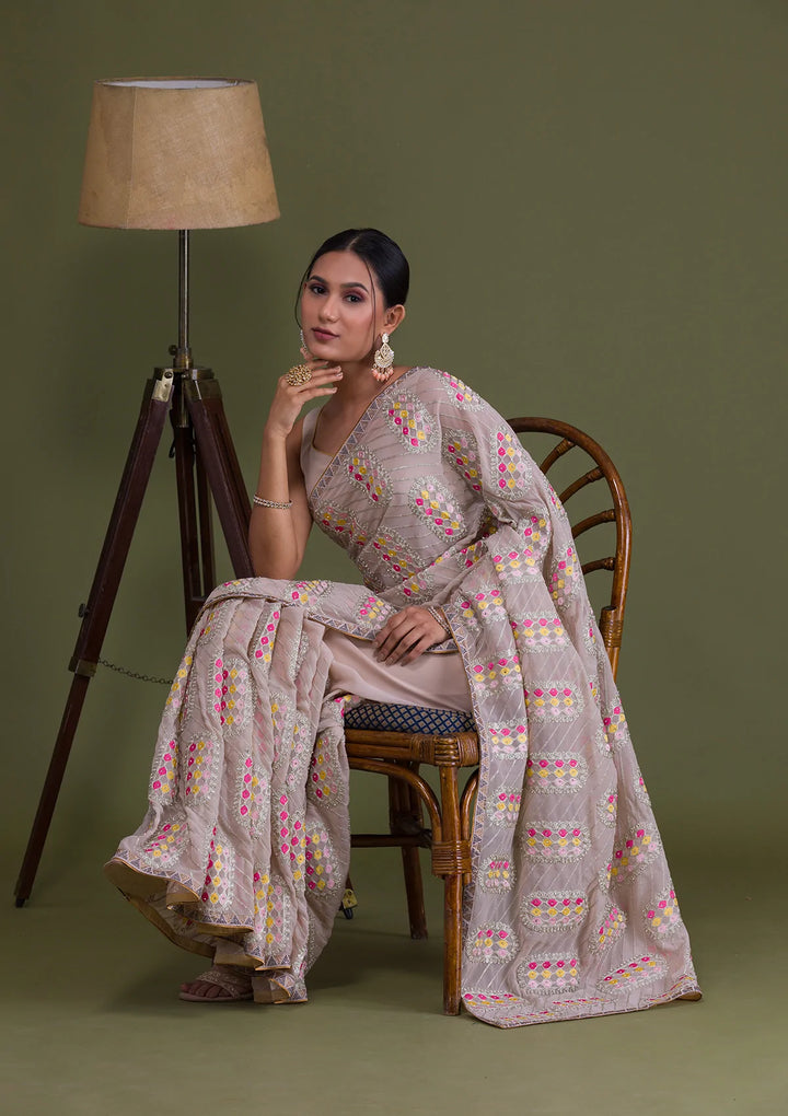 Beige Zariwork Georgette Saree-Koskii