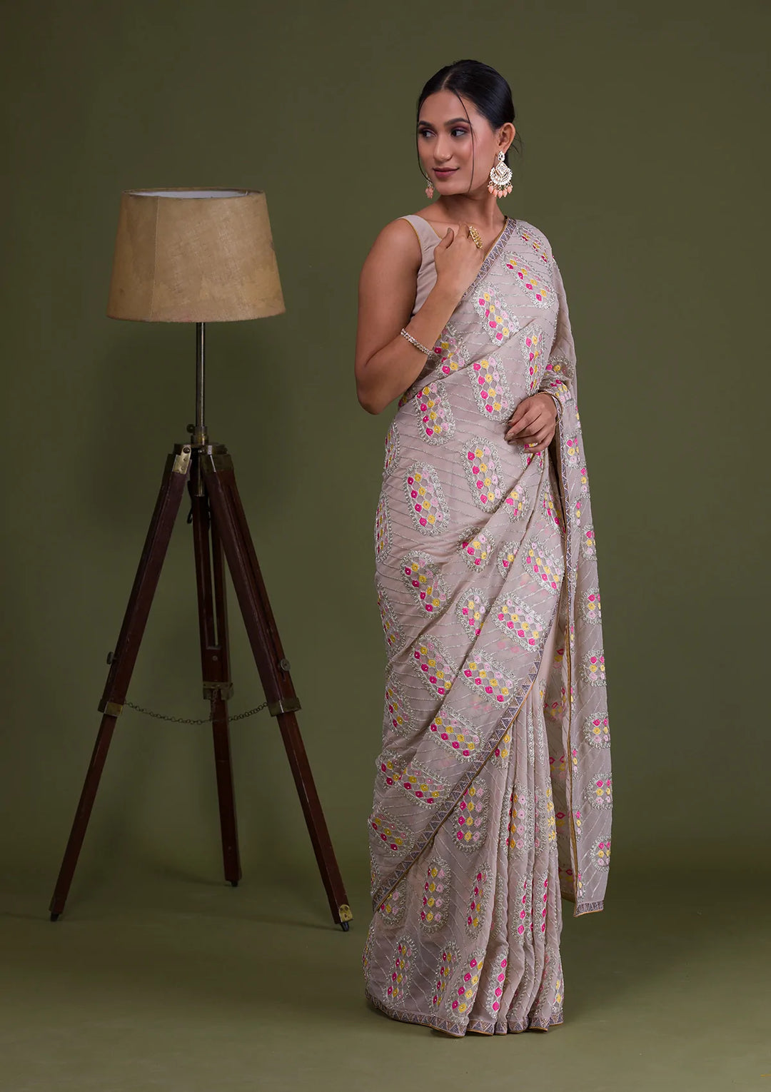 Beige Zariwork Georgette Saree-Koskii
