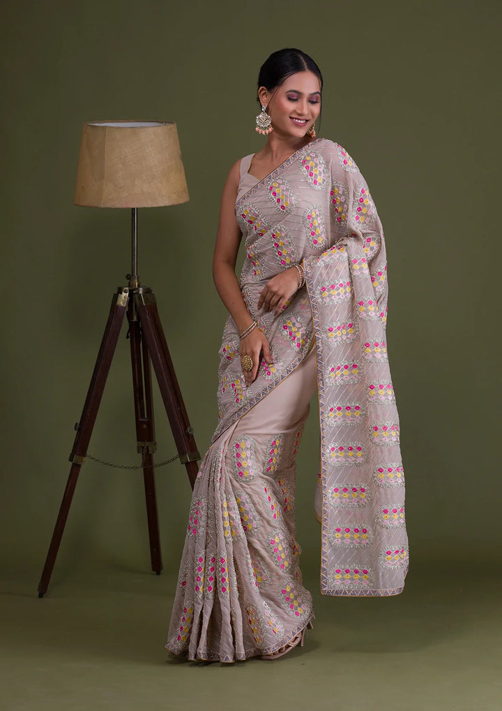 Beige Zariwork Georgette Saree-Koskii