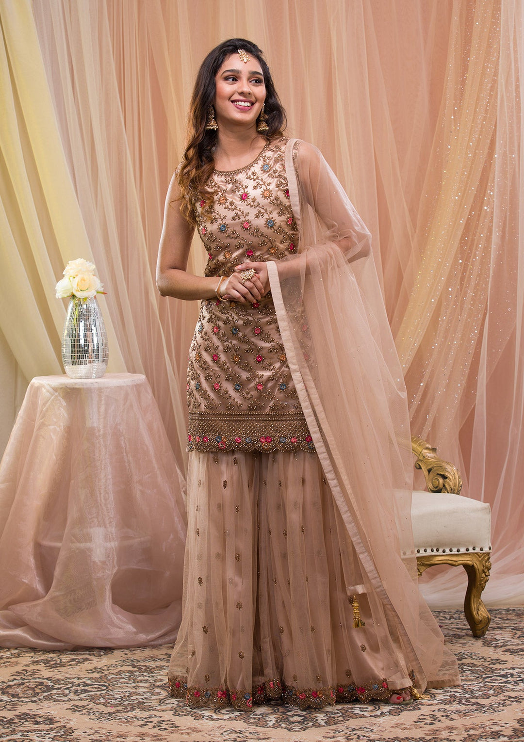 Beige Zariwork Net Readymade Salwar Kameez-Koskii