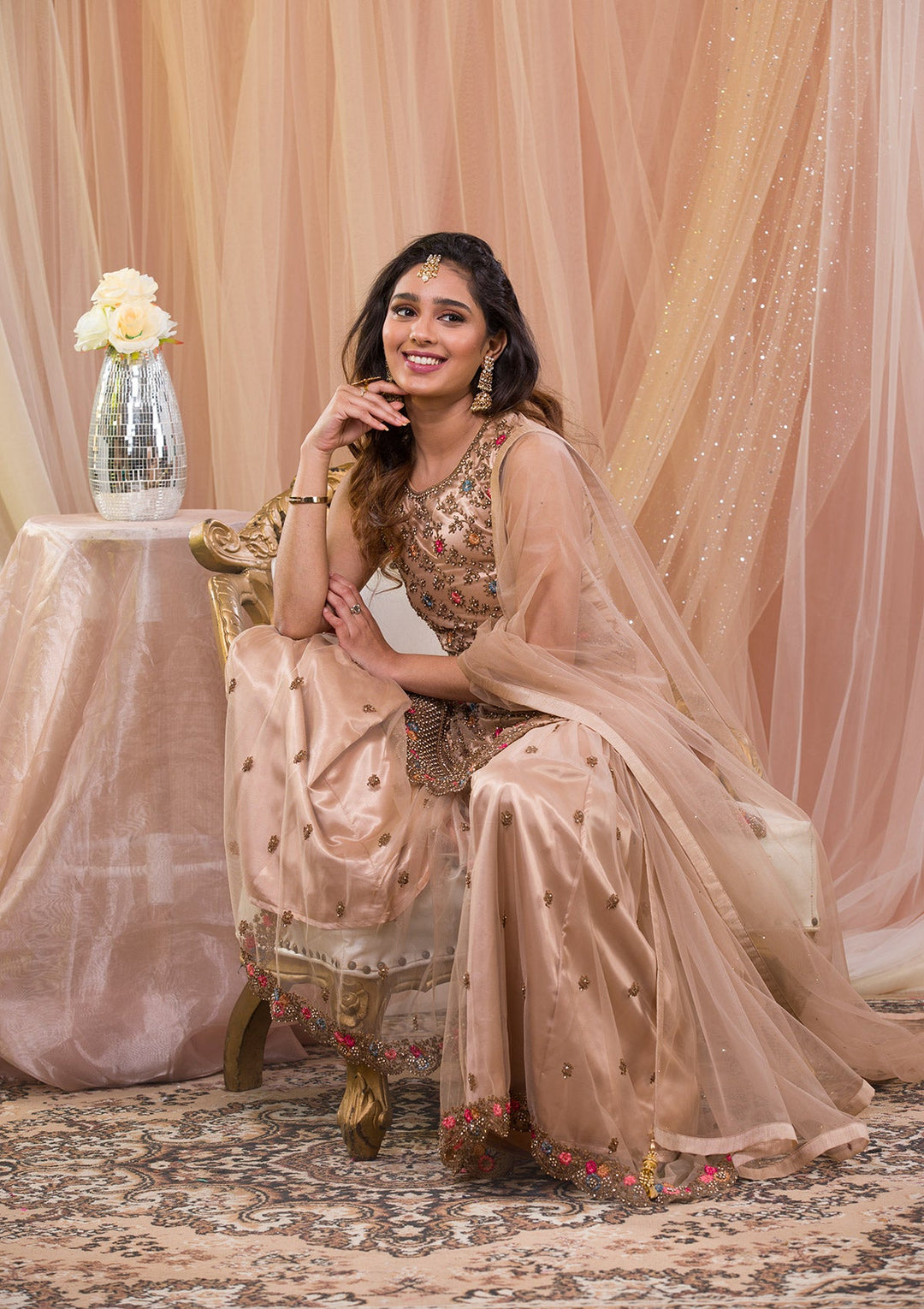 Beige Zariwork Net Readymade Salwar Kameez-Koskii