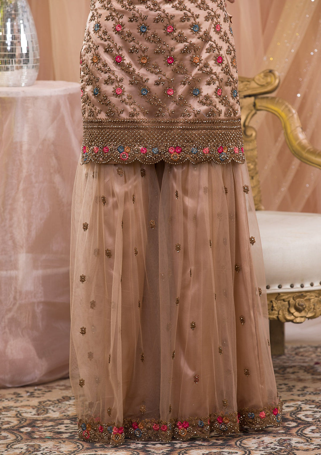 Beige Zariwork Net Readymade Salwar Kameez-Koskii