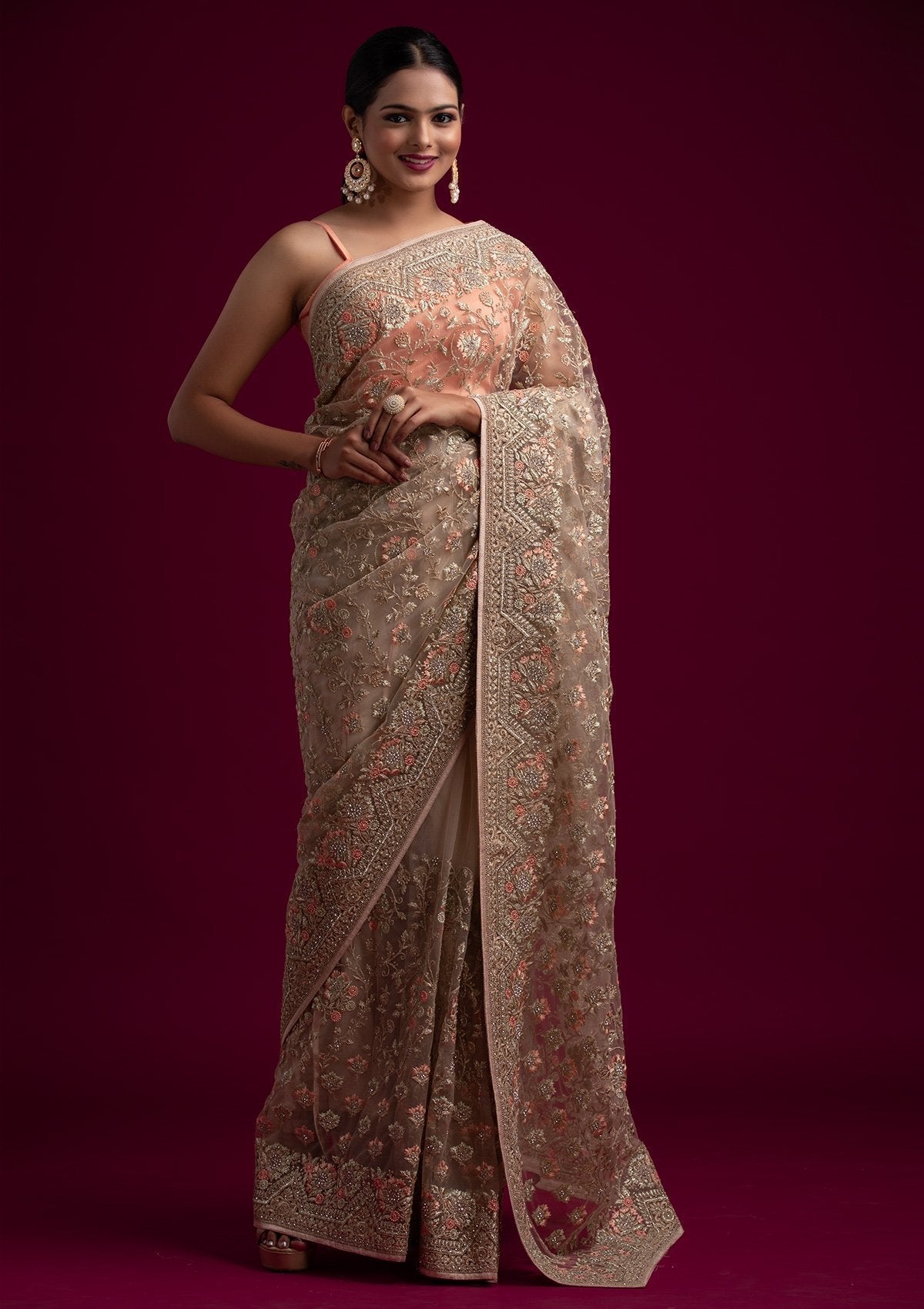 Beige Zariwork Net Designer Saree - koskii