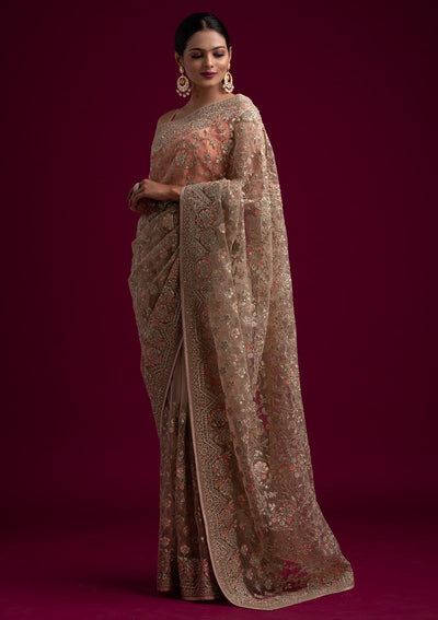 Beige Zariwork Net Designer Saree - koskii