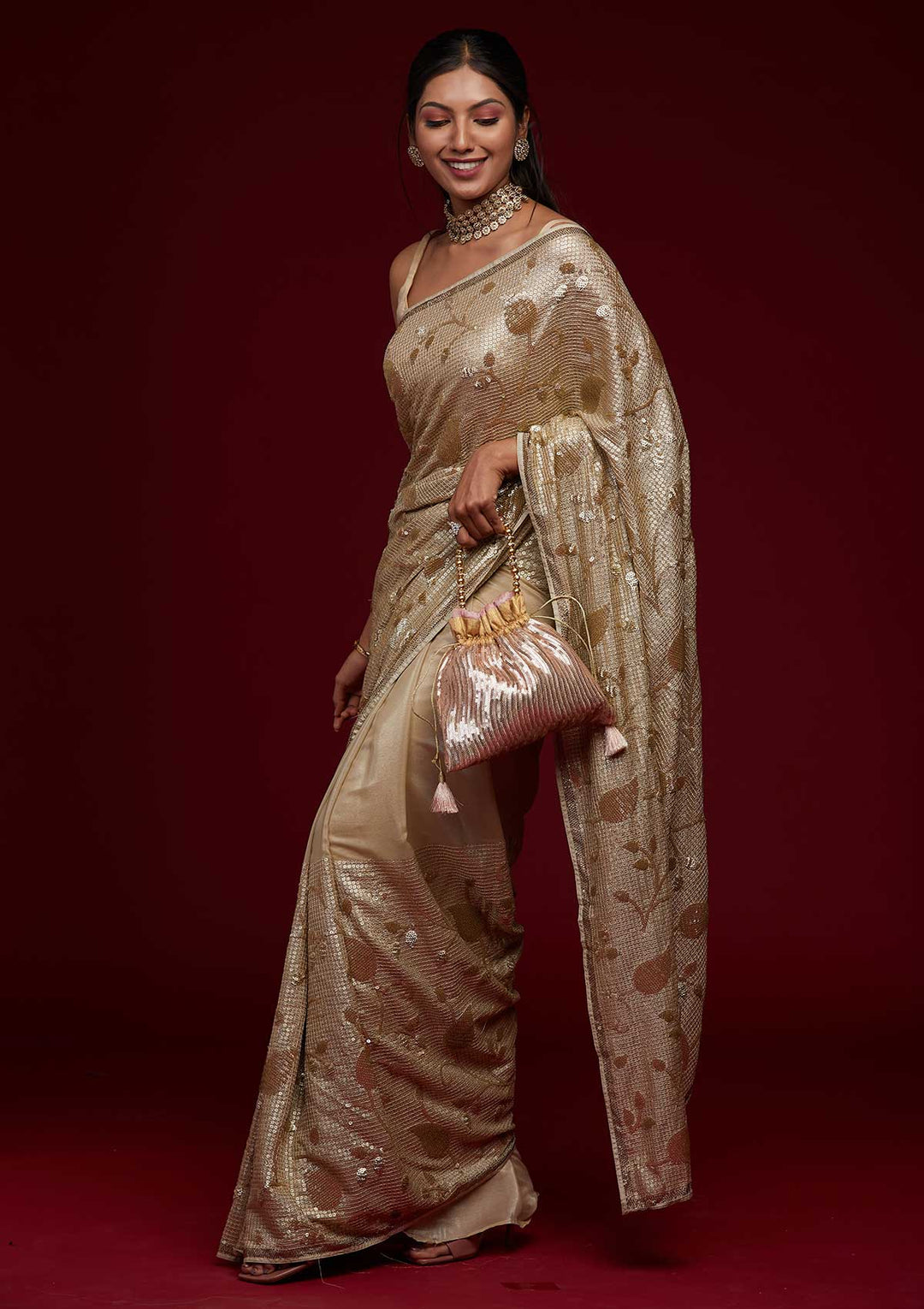 Beige Zariwork Semi Crepe Saree-Koskii