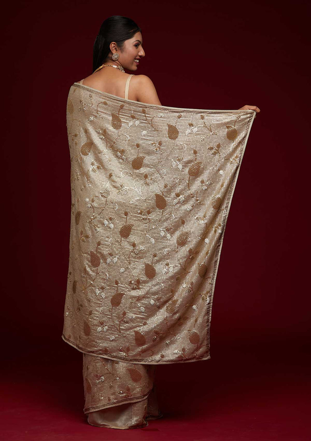 Beige Zariwork Semi Crepe Saree-Koskii