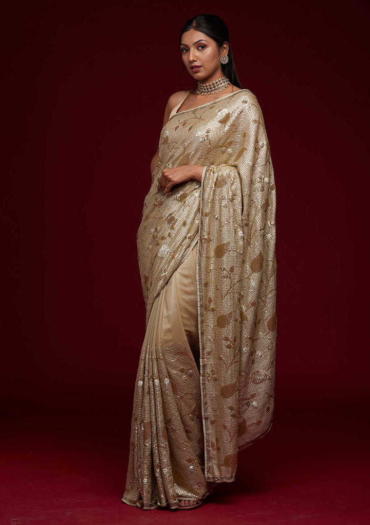 Beige Zariwork Semi Crepe Saree-Koskii