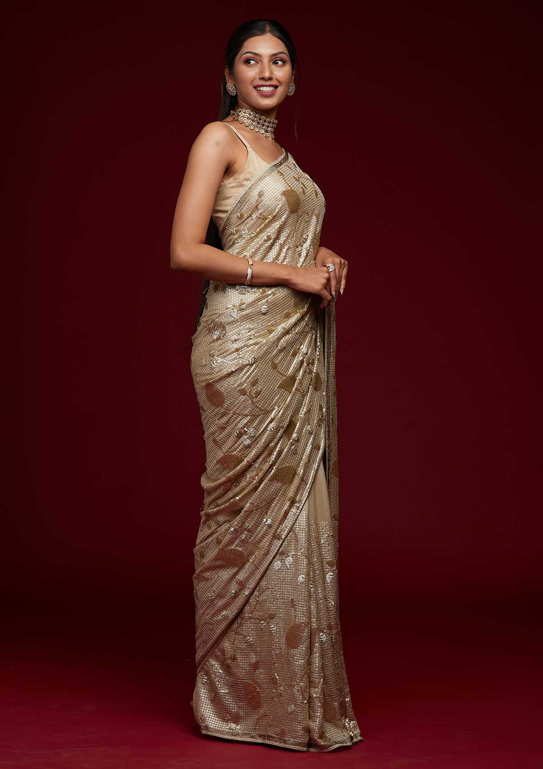 Beige Zariwork Semi Crepe Saree-Koskii