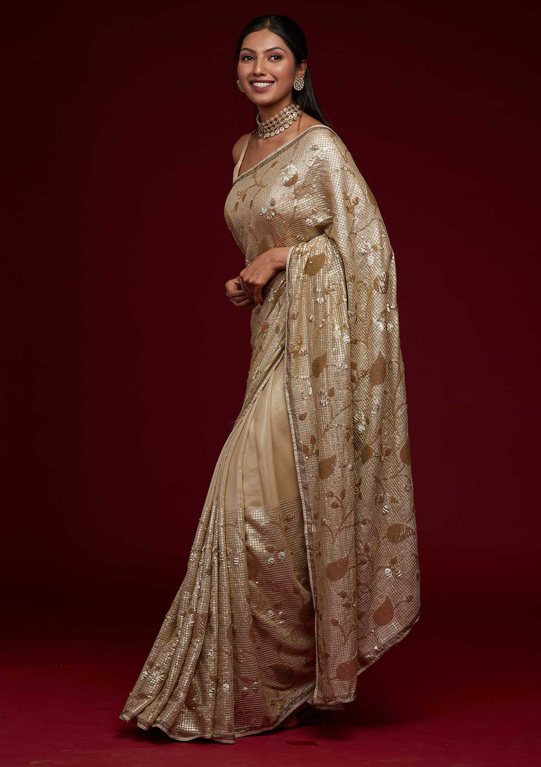 Beige Zariwork Semi Crepe Saree-Koskii