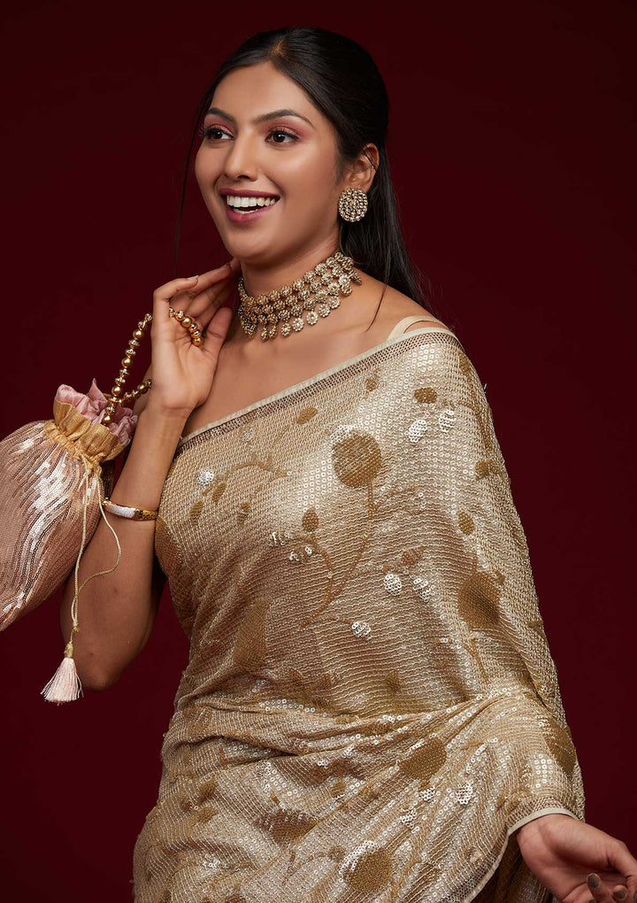 Beige Zariwork Semi Crepe Saree-Koskii