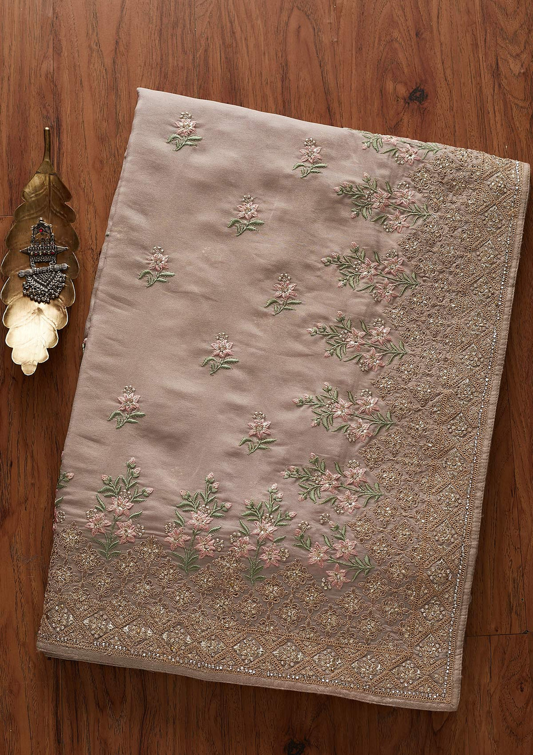 Beige Zariwork Shimmer Designer Saree - koskii