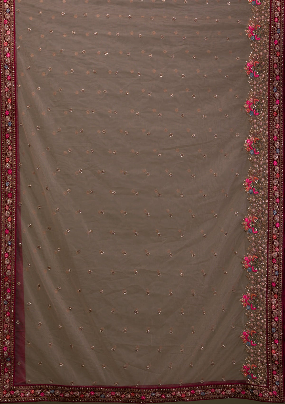 Beige Zariwork Velvet Readymade Lehenga-Koskii