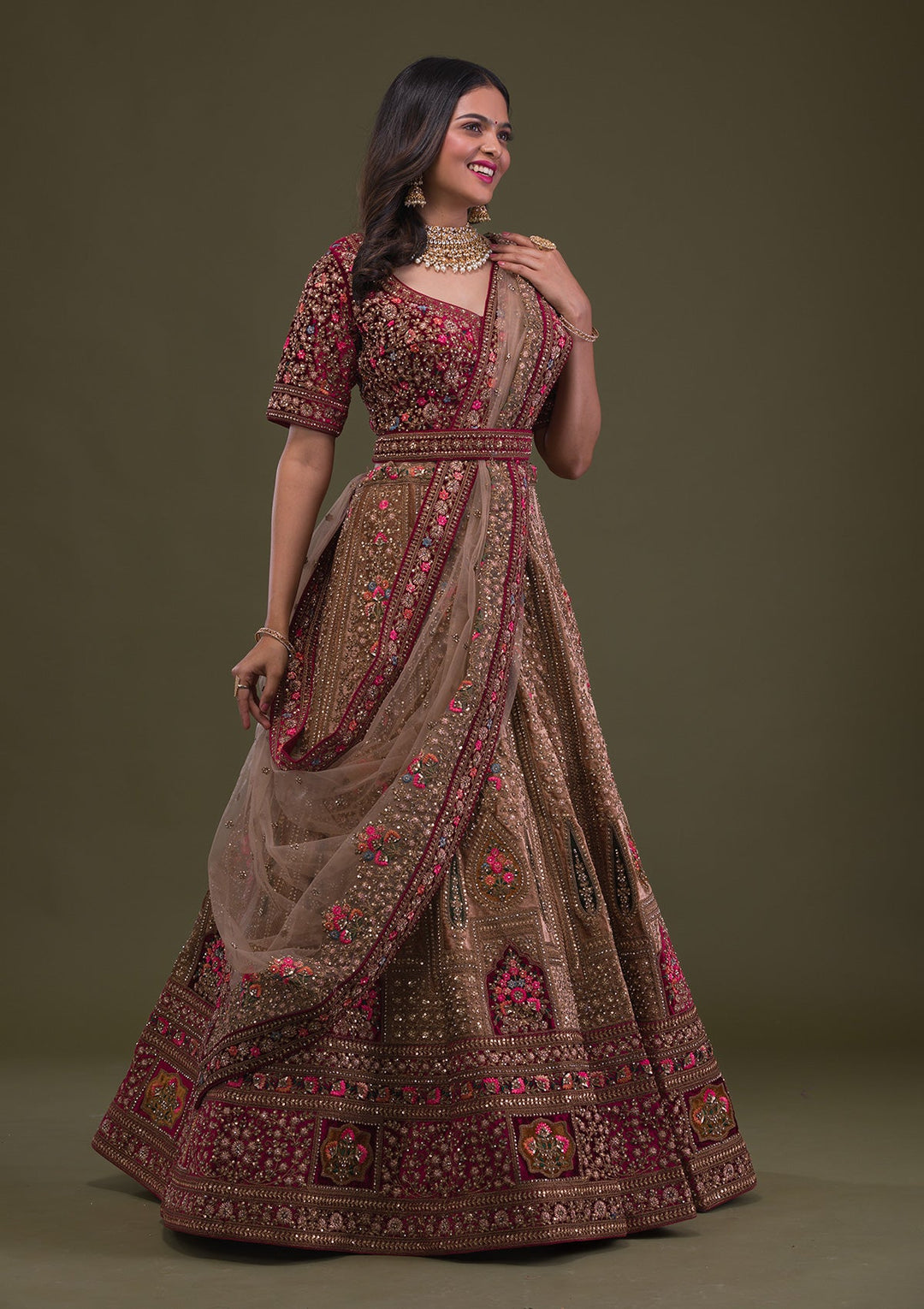Beige Zariwork Velvet Readymade Lehenga-Koskii