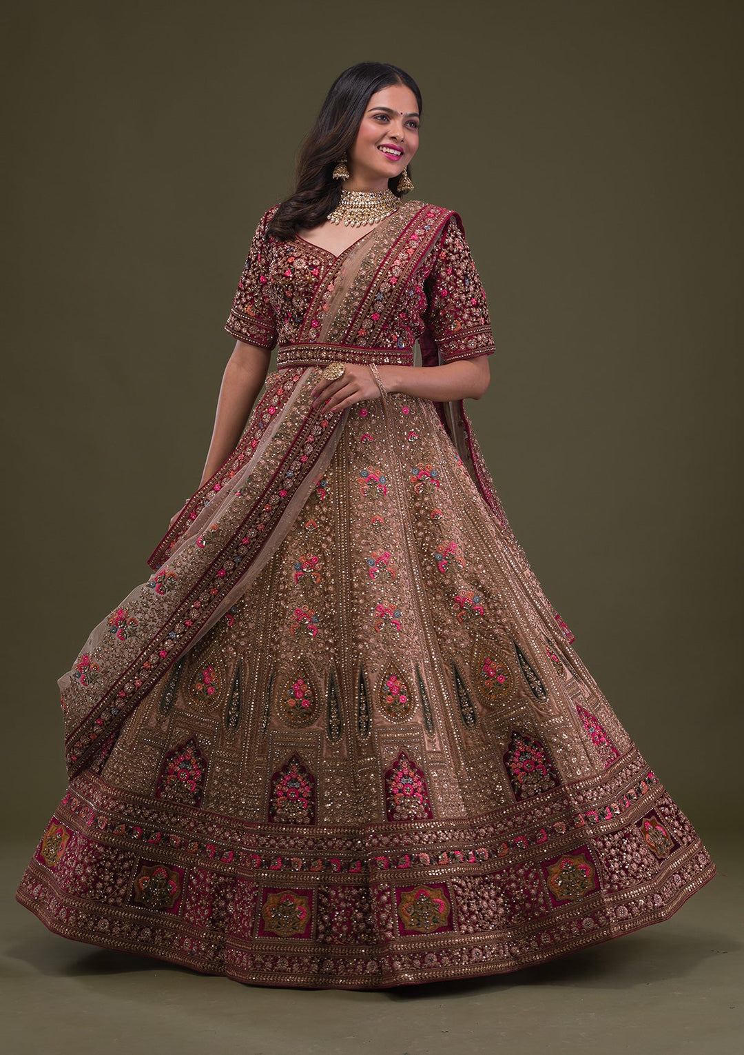 Beige Zariwork Velvet Readymade Lehenga-Koskii