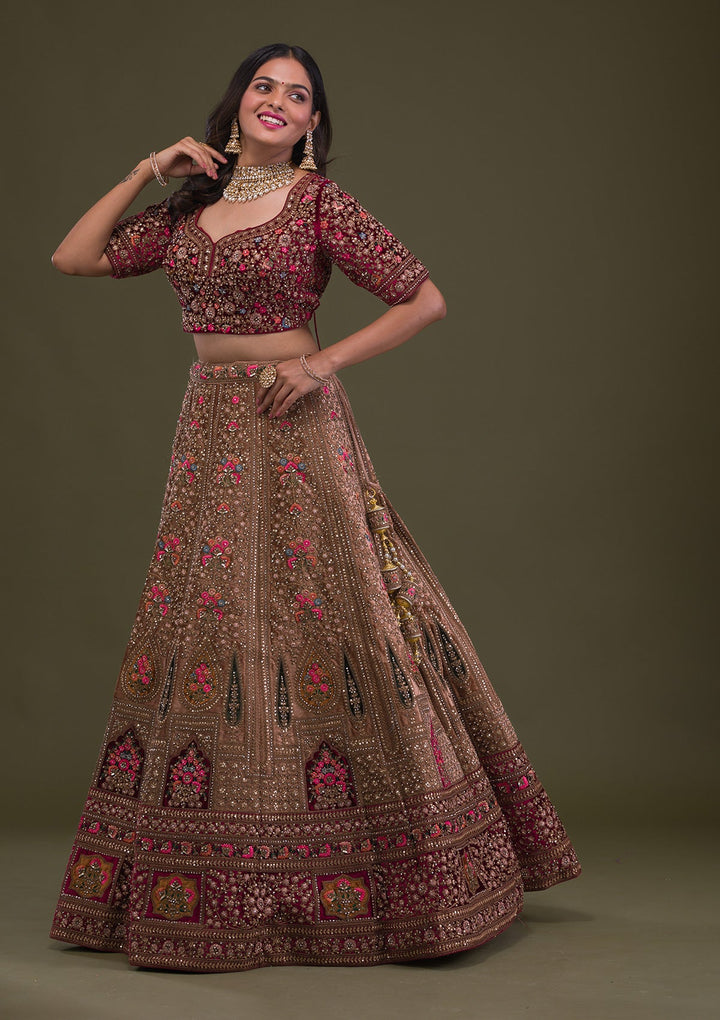 Beige Zariwork Velvet Readymade Lehenga-Koskii