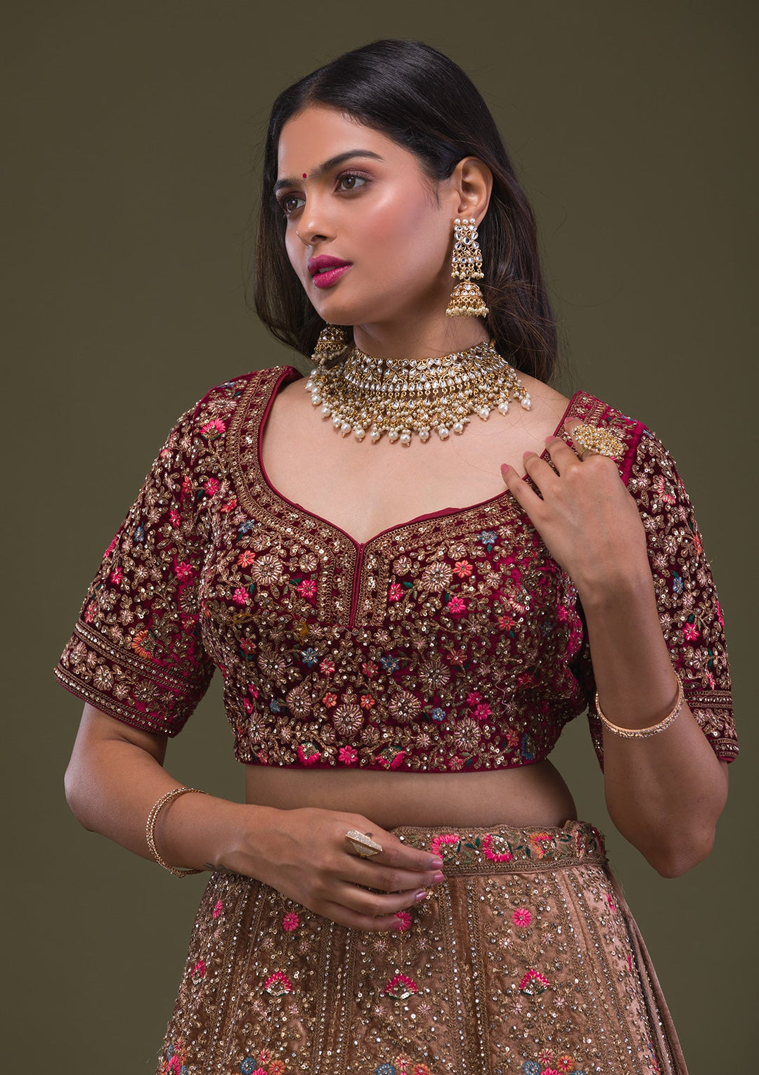 Beige Zariwork Velvet Readymade Lehenga-Koskii