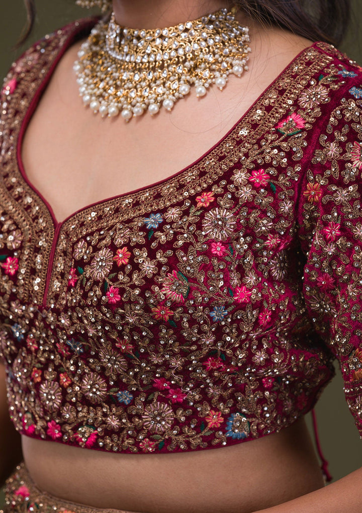 Beige Zariwork Velvet Readymade Lehenga-Koskii