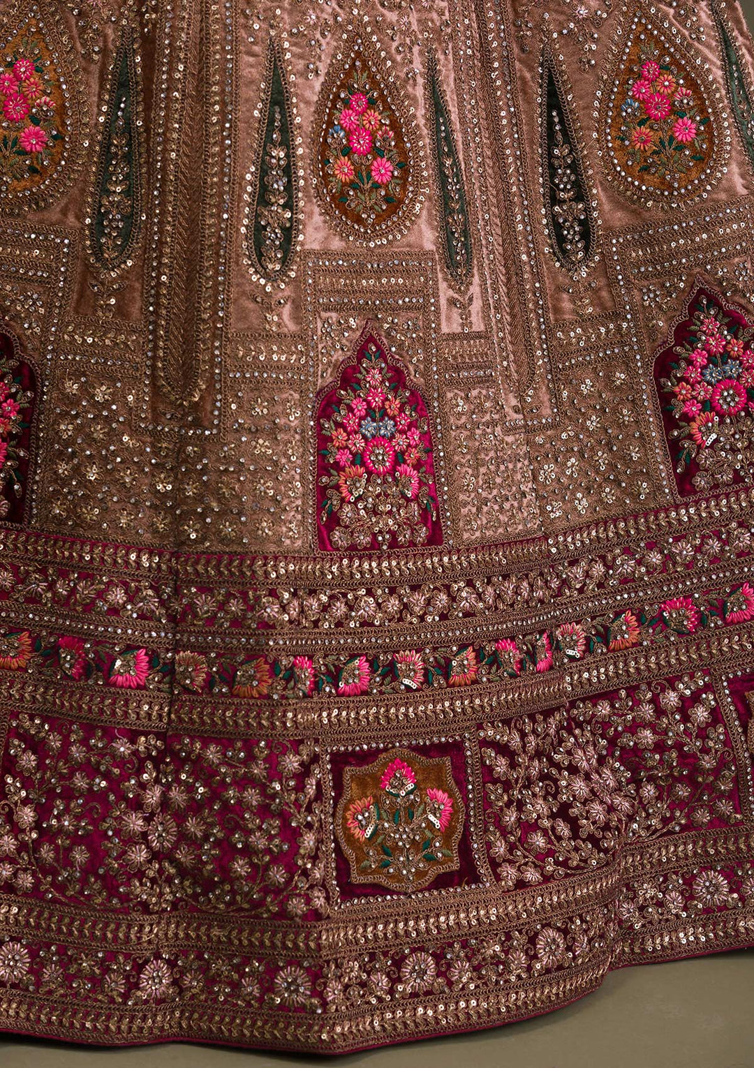 Beige Zariwork Velvet Readymade Lehenga-Koskii