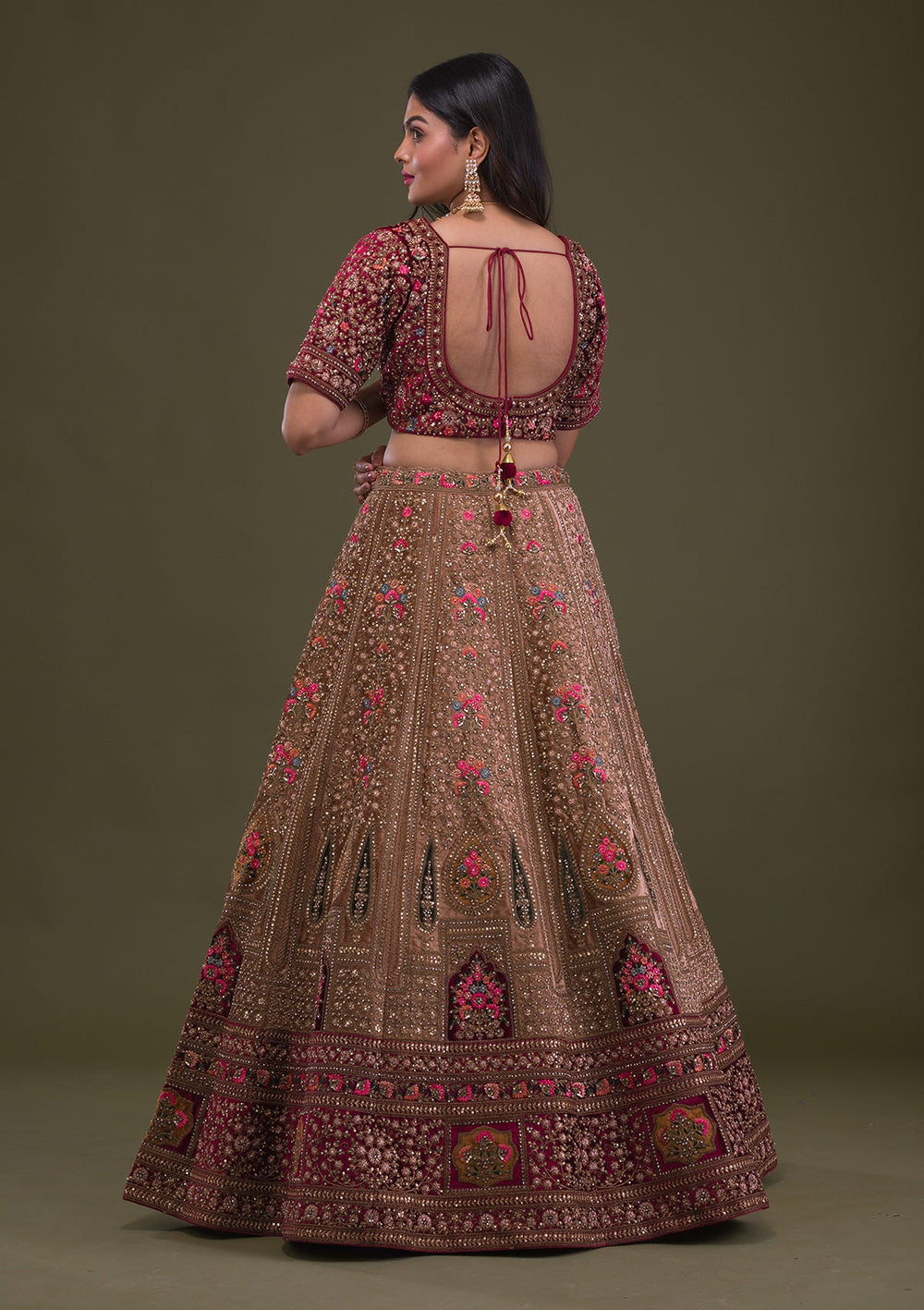 Beige Zariwork Velvet Readymade Lehenga-Koskii