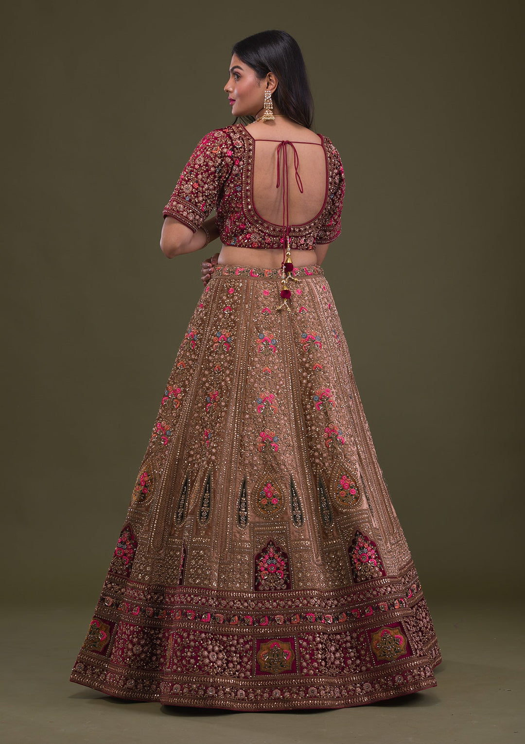 Beige Zariwork Velvet Readymade Lehenga-Koskii