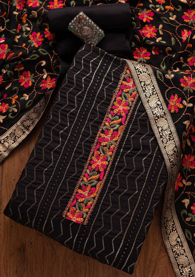 Black Chikankari Semi Crepe Designer Unstitched Salwar Suit - koskii