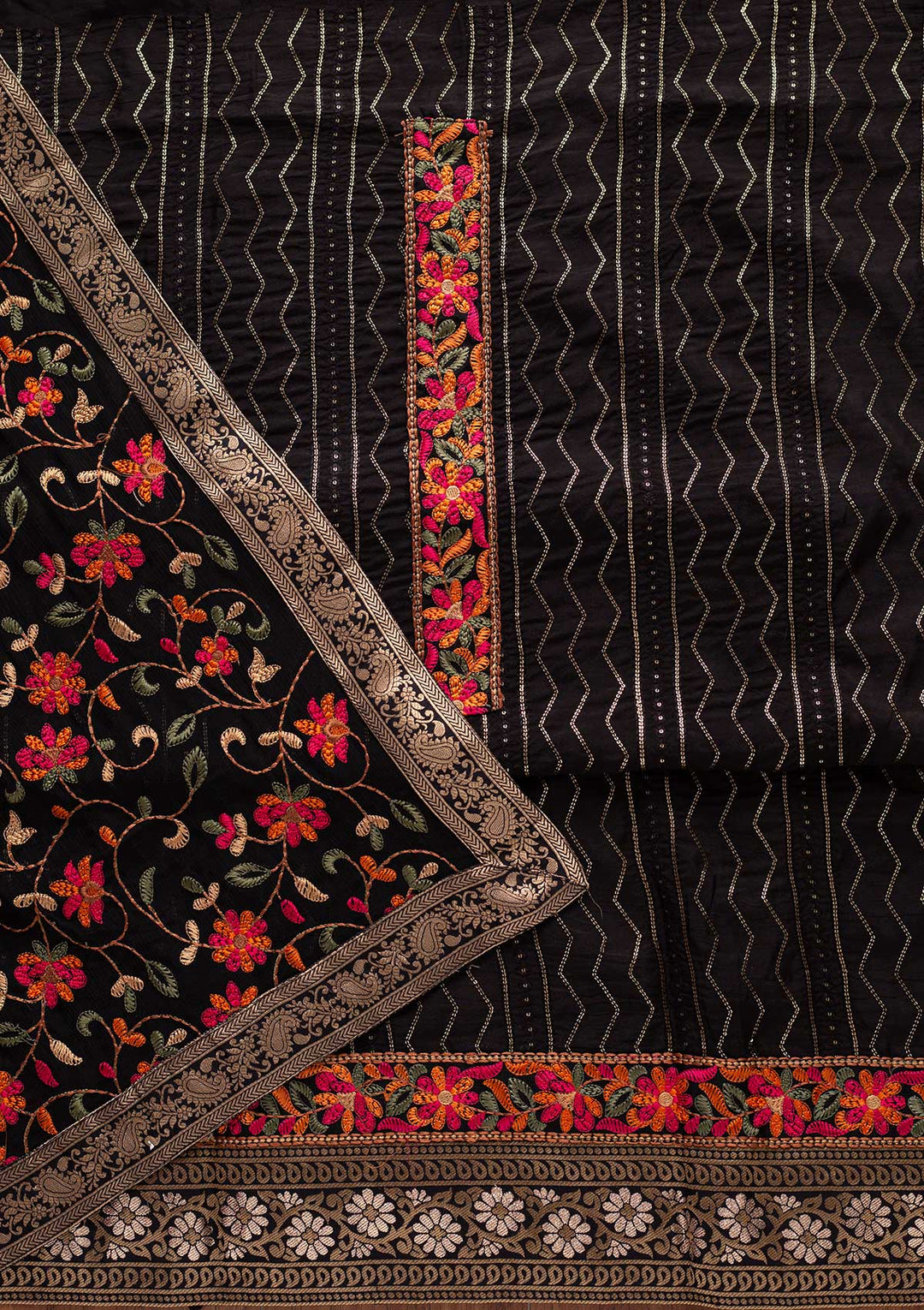Black Chikankari Semi Crepe Designer Unstitched Salwar Suit - koskii