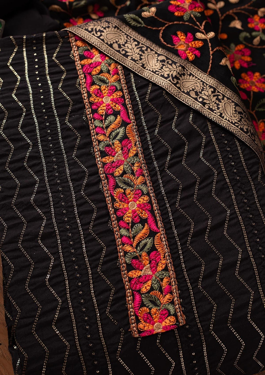 Black Chikankari Semi Crepe Designer Unstitched Salwar Suit - koskii