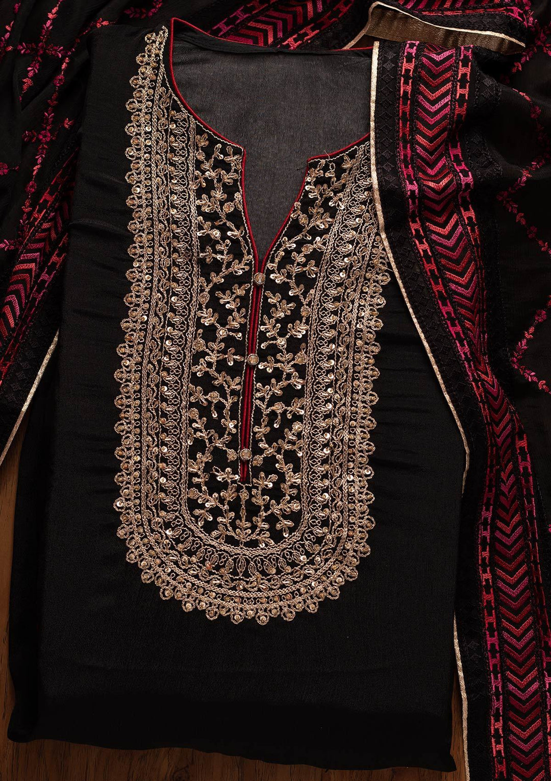 Black Cutdana Semi Crepe Designer Semi-Stitched Salwar Suit - koskii