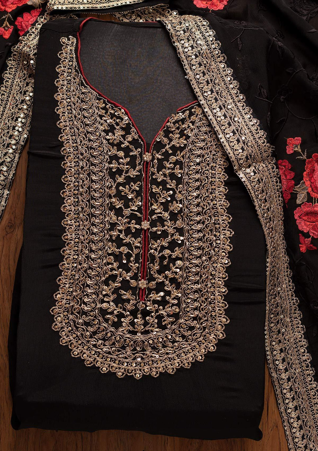 Black Cutdana Semi Crepe Designer Semi-Stitched Salwar Suit - koskii