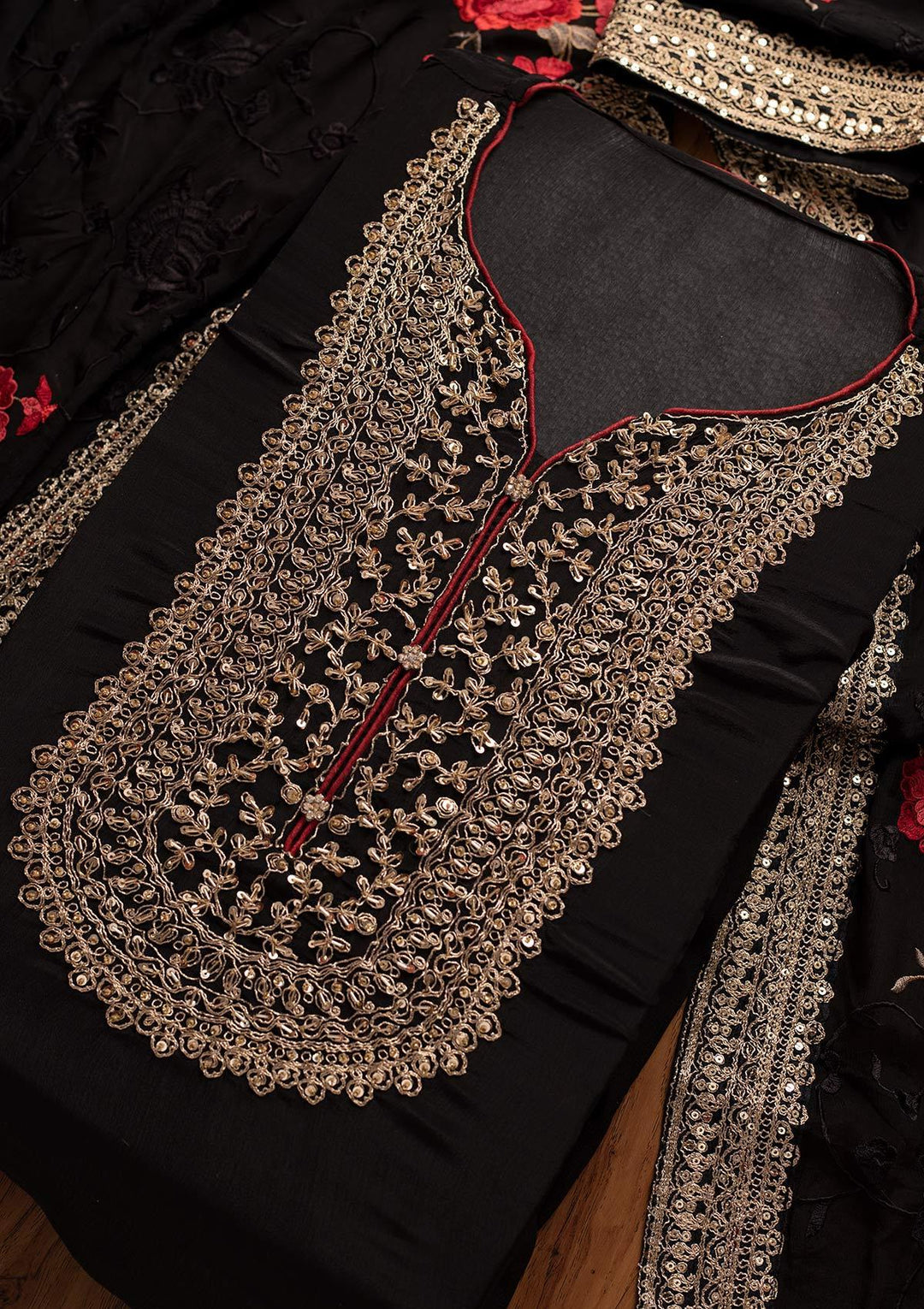 Black Cutdana Semi Crepe Designer Semi-Stitched Salwar Suit - koskii