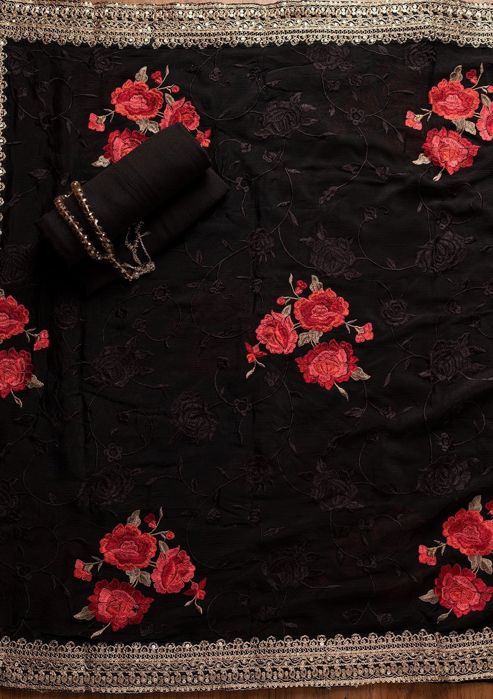 Black Cutdana Semi Crepe Designer Semi-Stitched Salwar Suit - koskii